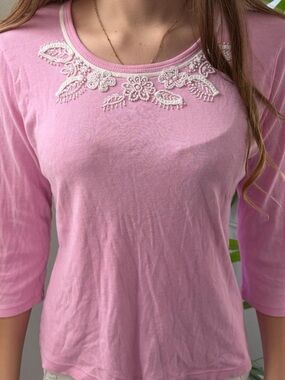 David Brooks Pink Embroidered Scoop Neck Women's Top
